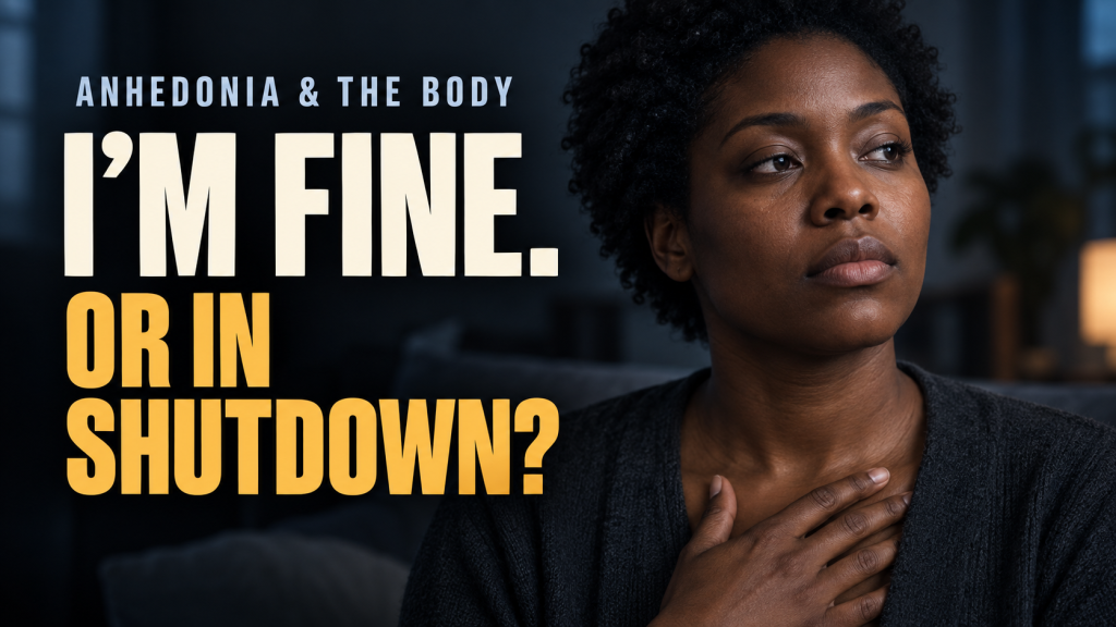 A contemplative Black woman beside the words “I’m fine. Or in shutdown?”
