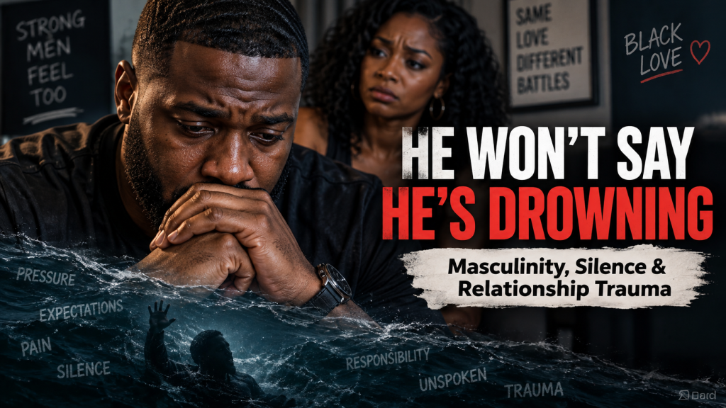 Black man sitting in distress with a concerned Black woman behind him, illustrating masculinity, silence, and relationship trauma.