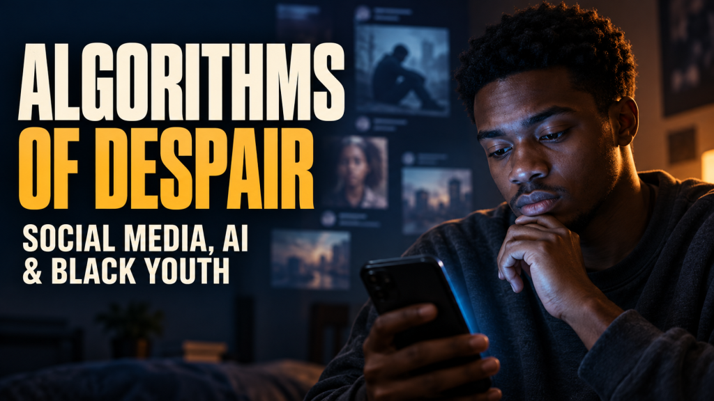 Young Black man in a dark bedroom, his face lit by his phone, with blurred distressing social media posts glowing behind him beneath the title “Algorithms of Despair: Social Media, AI & Black Youth”