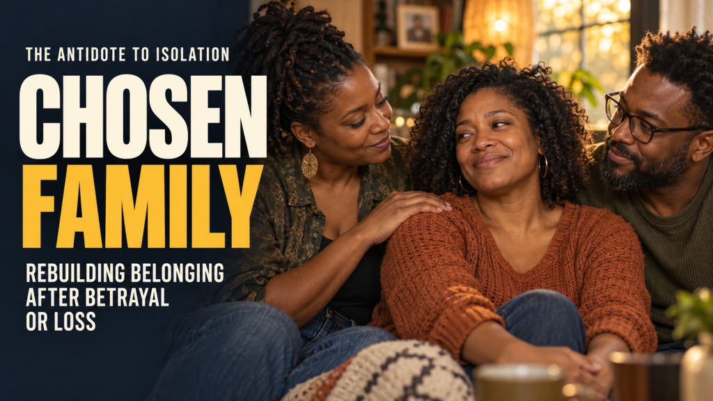 Three Black adults sitting close together on a couch, smiling warmly at one another, illustrating chosen family and belonging after betrayal or loss