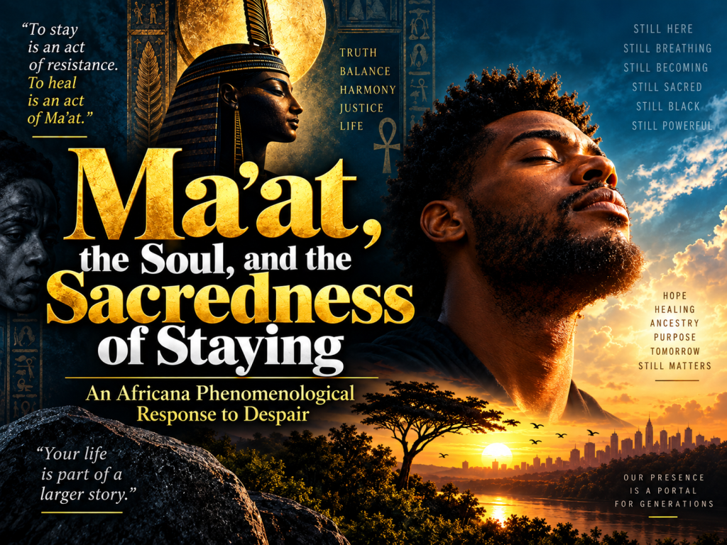 Golden Egyptian pharaoh imagery beside a Black man with eyes closed, face lifted toward a sunrise over an African savanna and city skyline, surrounded by the words Truth, Balance, Harmony, Justice, Life and the quote "To stay is an act of resistance. To heal is an act of Ma'at" — cover art for "Ma'at, the Soul, and the Sacredness of Staying"
