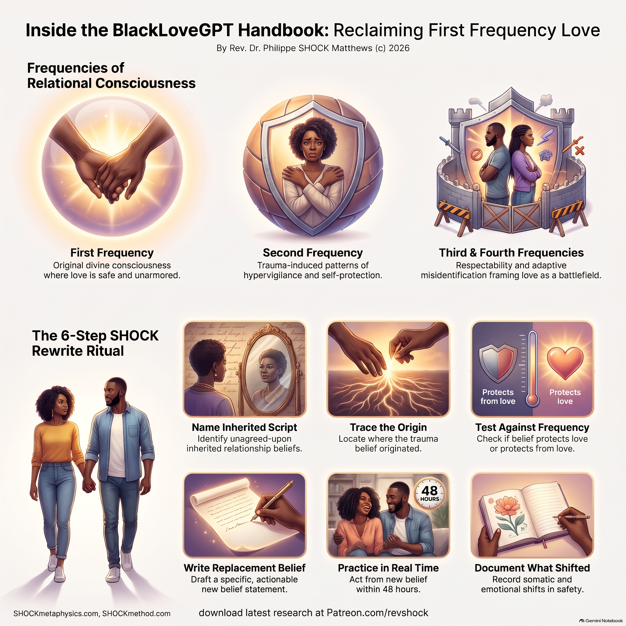 Infographic: Reclaiming First Frequency Love — the Frequencies of Relational Consciousness and the 6-Step SHOCK Rewrite Ritual from the BlackLoveGPT Handbook