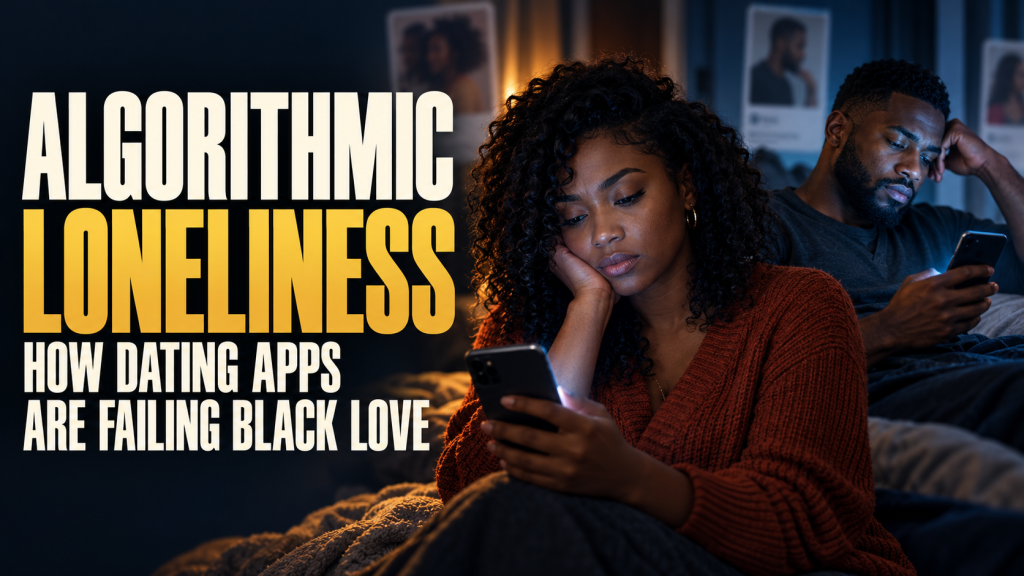 A Black woman and a Black man sit apart in a dim bedroom, each weary and resting a head on one hand while scrolling a phone, with dating-profile photos on the wall behind them and the title Algorithmic Loneliness: How Dating Apps Are Failing Black Love