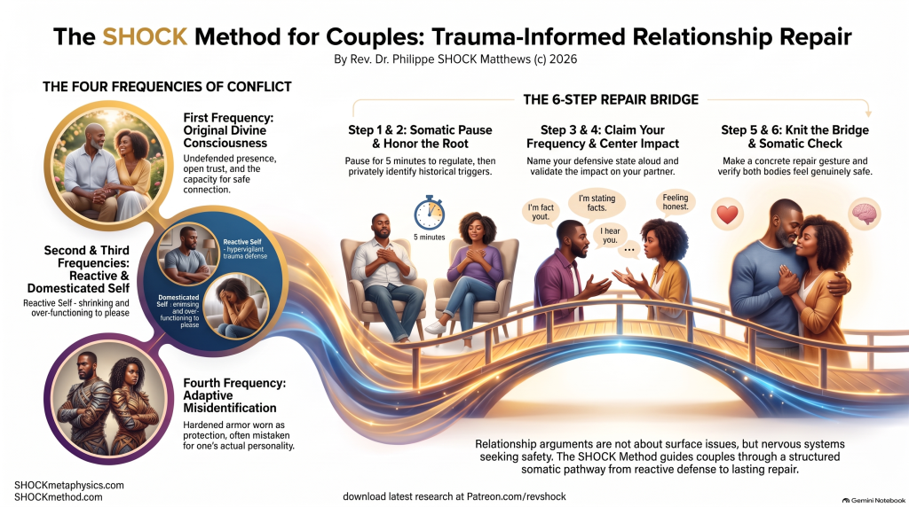 Infographic titled The SHOCK Method for Couples: Trauma-Informed Relationship Repair by Rev. Dr. Philippe SHOCK Matthews. The left side presents the Four Frequencies of Conflict, from First Frequency original divine consciousness to Second and Third Frequency reactive and domesticated selves to Fourth Frequency adaptive misidentification. The right side shows the 6-Step Repair Bridge: somatic pause and honoring the root, claiming your frequency and centering impact, and knitting the bridge with a somatic check.
