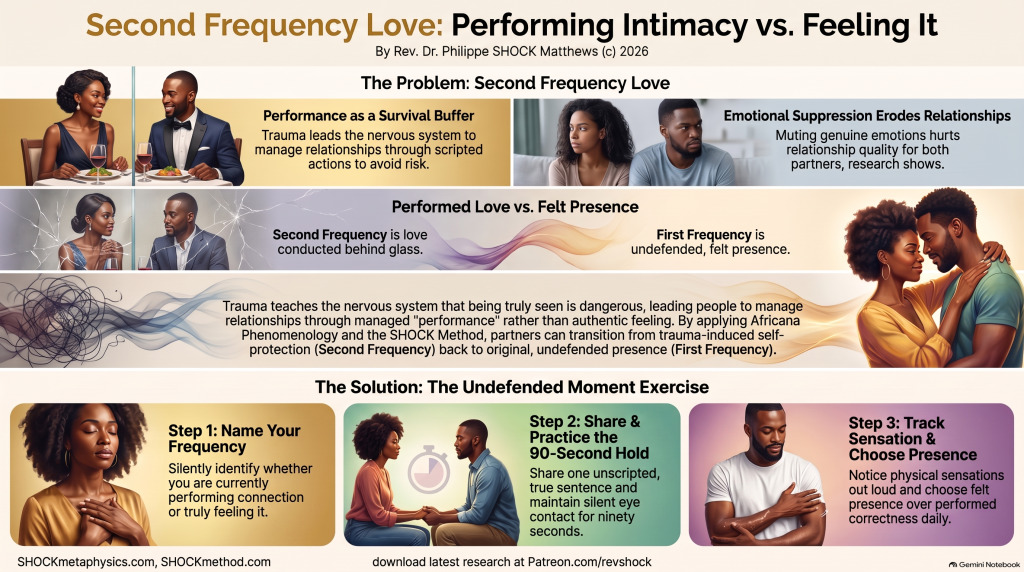 Infographic titled Second Frequency Love: Performing Intimacy vs. Feeling It by Rev. Dr. Philippe SHOCK Matthews. The top panels describe the problem: performance as a survival buffer and emotional suppression eroding relationships. The middle panel contrasts Second Frequency love conducted behind glass with First Frequency undefended, felt presence. The bottom panels present the Undefended Moment Exercise: name your frequency, share one true sentence and hold eye contact for ninety seconds, then track sensation and choose presence.