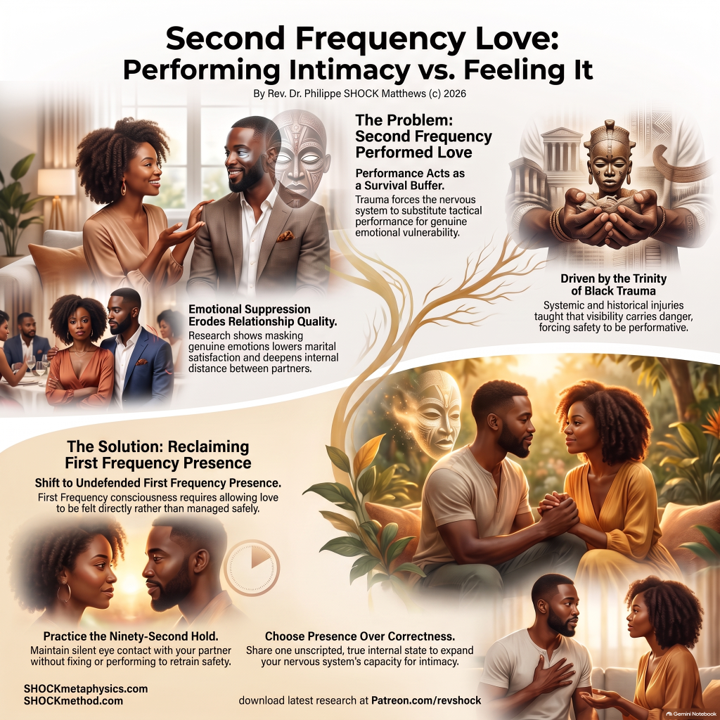 Illustrated infographic titled Second Frequency Love: Performing Intimacy vs. Feeling It. A Black couple sits in a living room with a carved mask between them, showing performed love as a survival buffer driven by the Trinity of Black Trauma, and a second scene of the couple holding hands in undefended First Frequency presence, with the ninety-second hold and choosing presence over correctness.