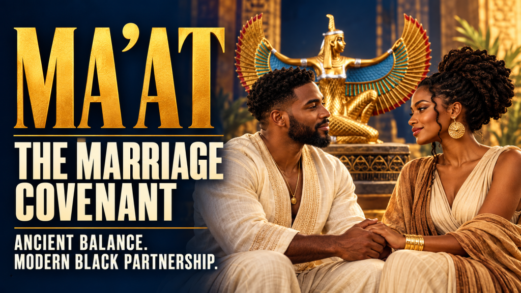 Illustration of the Egyptian goddess Ma'at, representing truth and balance, symbolizing the covenant of modern Black partnership