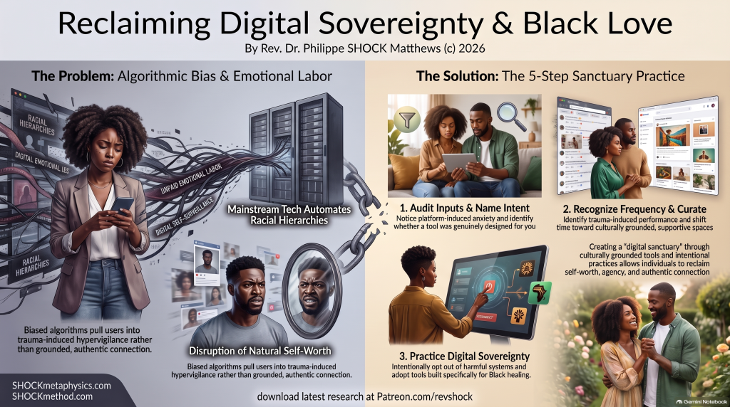 Infographic titled Reclaiming Digital Sovereignty and Black Love by Rev. Dr. Philippe SHOCK Matthews. The left panel, The Problem: Algorithmic Bias and Emotional Labor, shows a troubled Black woman holding her phone and a Black man frowning at his reflection, with server racks and chains representing racial hierarchies and unpaid emotional labor. The right panel, The Solution: The 5-Step Sanctuary Practice, shows Black couples auditing their digital inputs, curating supportive spaces, and practicing digital sovereignty, ending with a couple smiling together in a garden.