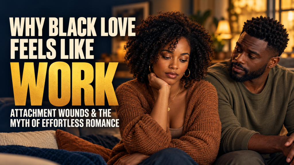 A Black woman rests her chin on her hand with a pensive, weary expression while her partner leans in beside her on a couch, beneath the title "Why Black Love Feels Like Work: Attachment Wounds & the Myth of Effortless Romance"